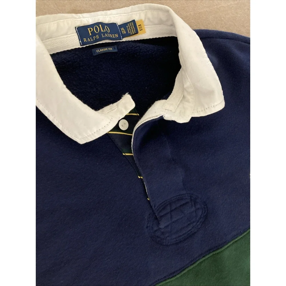 Polo Ralph Lauren Fleece Rugby Sweatshirt Sz XL‎ Blue Green Striped Polo Preppy